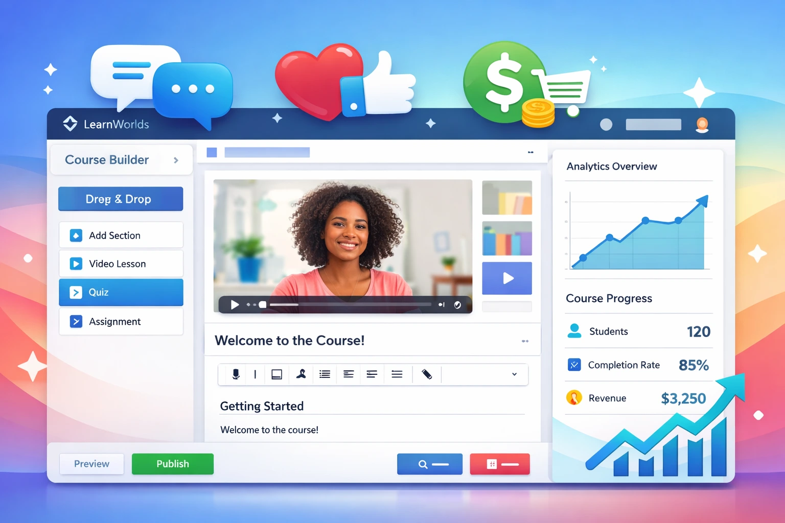 User maximizing LearnWorlds platform for online course creation