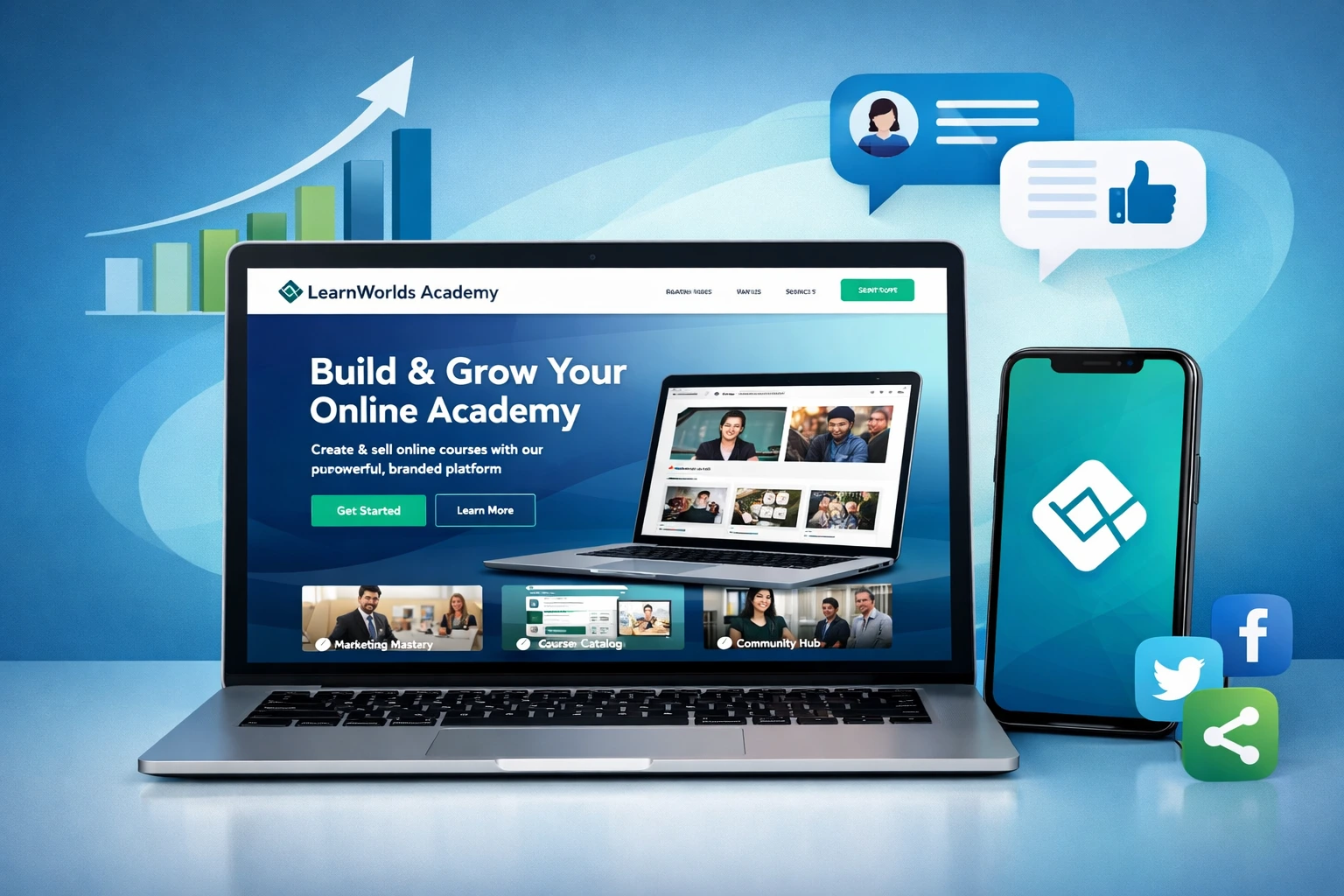 LearnWorlds tools to build a strong online presence with branded site and app