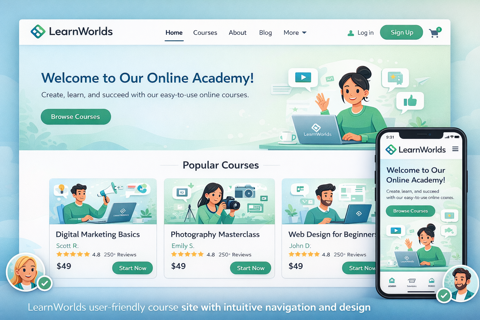 LearnWorlds user-friendly course site with intuitive navigation and design