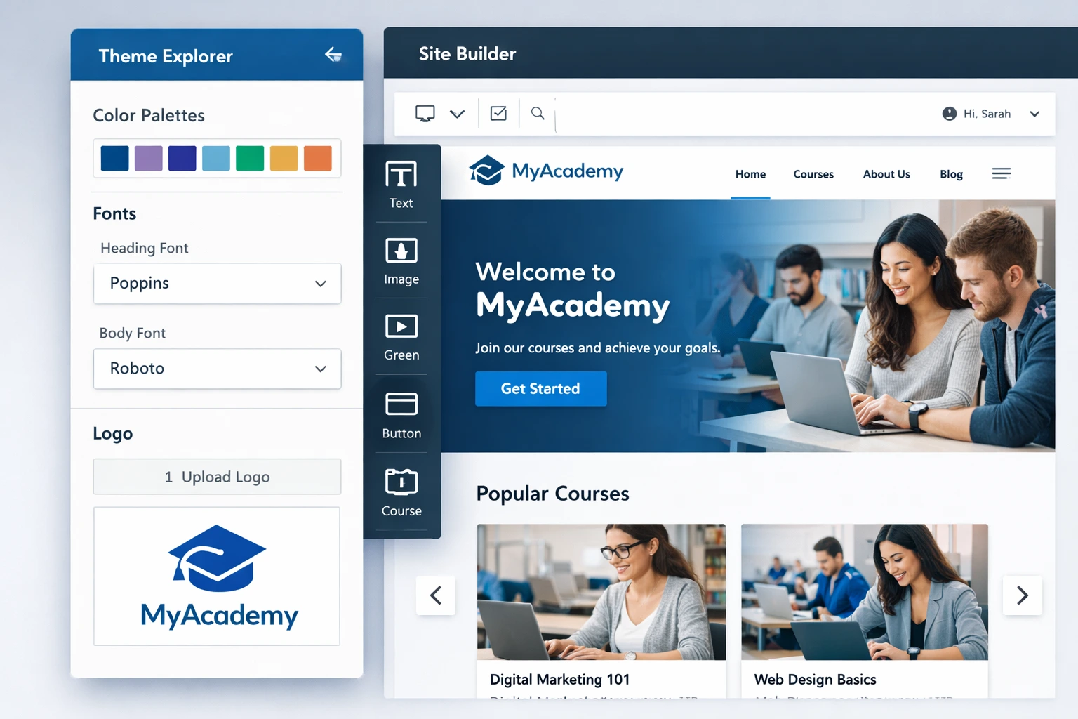 LearnWorlds customization options in Site Builder and Theme Explorer