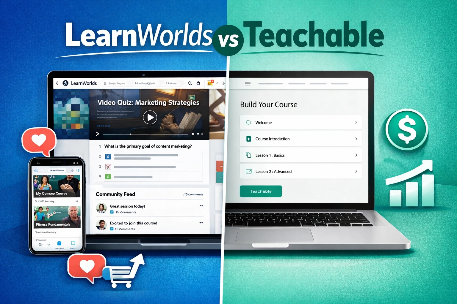 LearnWorlds vs Teachable comparison to create course online and make online courses