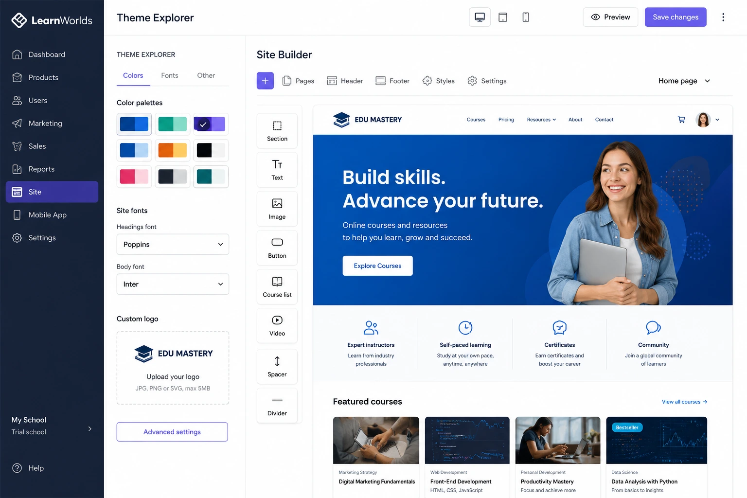 LearnWorlds customization options in Site Builder and Theme Explorer