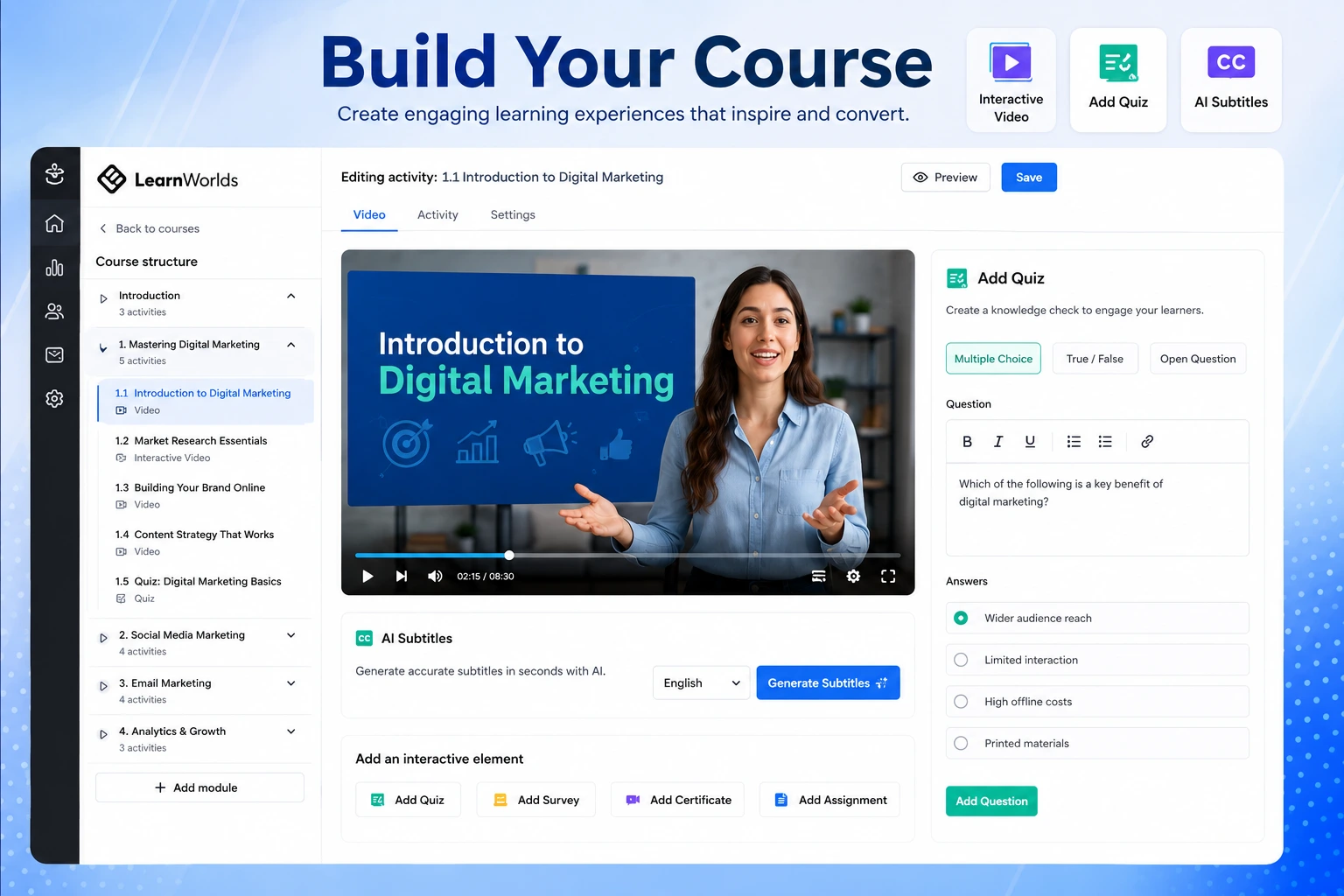 LearnWorlds course builder for creating interactive online courses